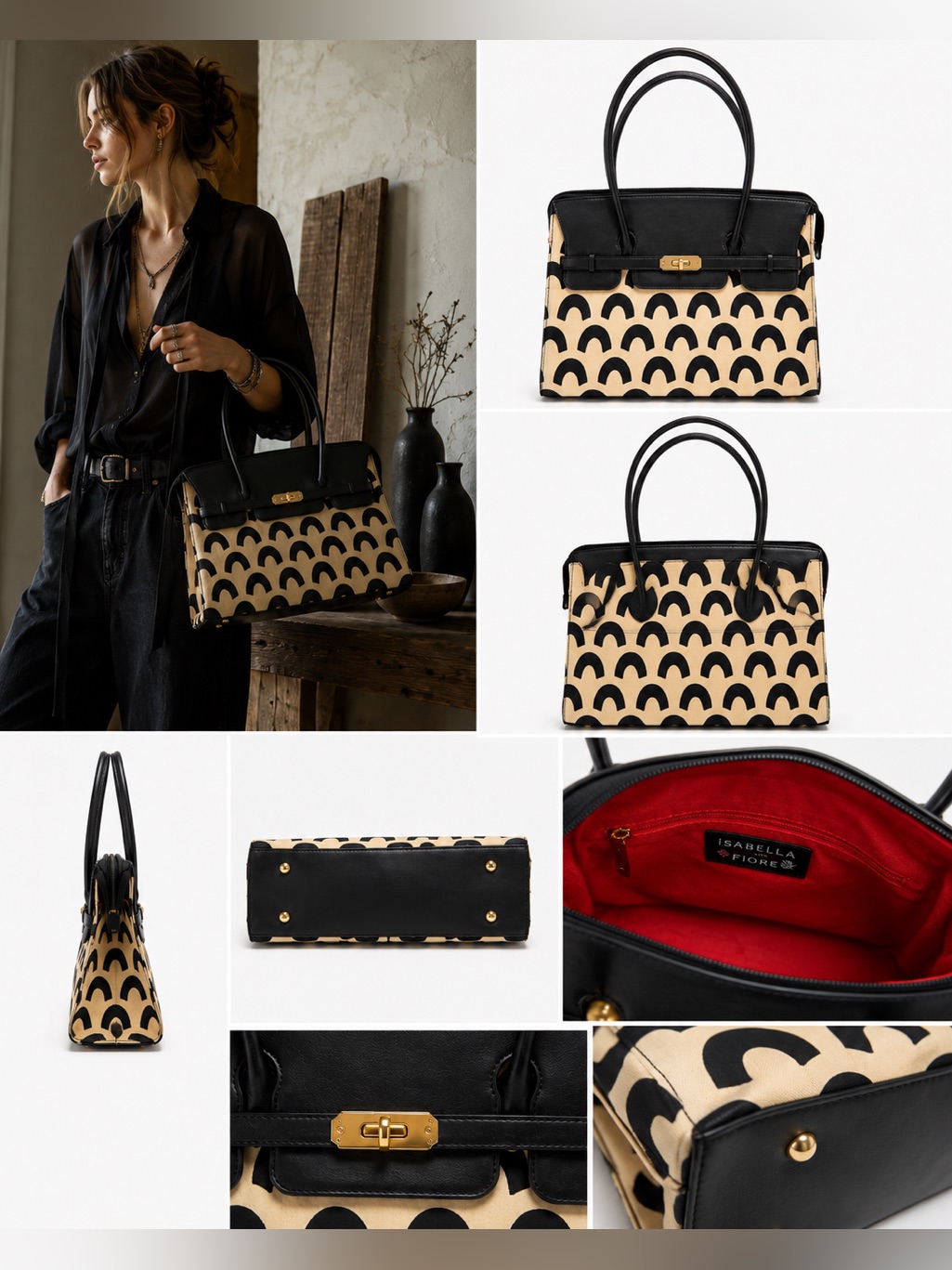 Isabella Fiore Black & Ivory Canvas Leather Satchel Handbag Geometric Print Gold